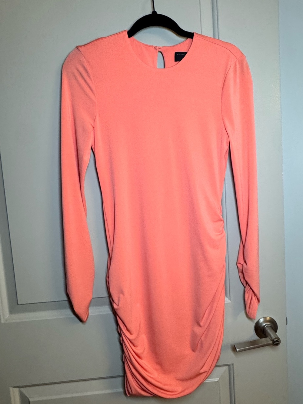 Michael Costello Long-Sleeve Coral Pink Ruched Bodycon Dress